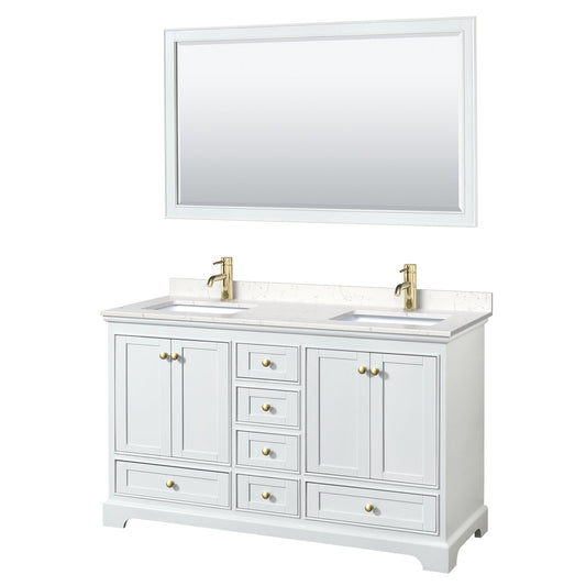 Wyndham Collection Deborah 60" Double Bathroom Vanity in White, Carrara Cultured Marble Countertop, Undermount Square Sinks, Brushed Gold Trim, 58" Mirror