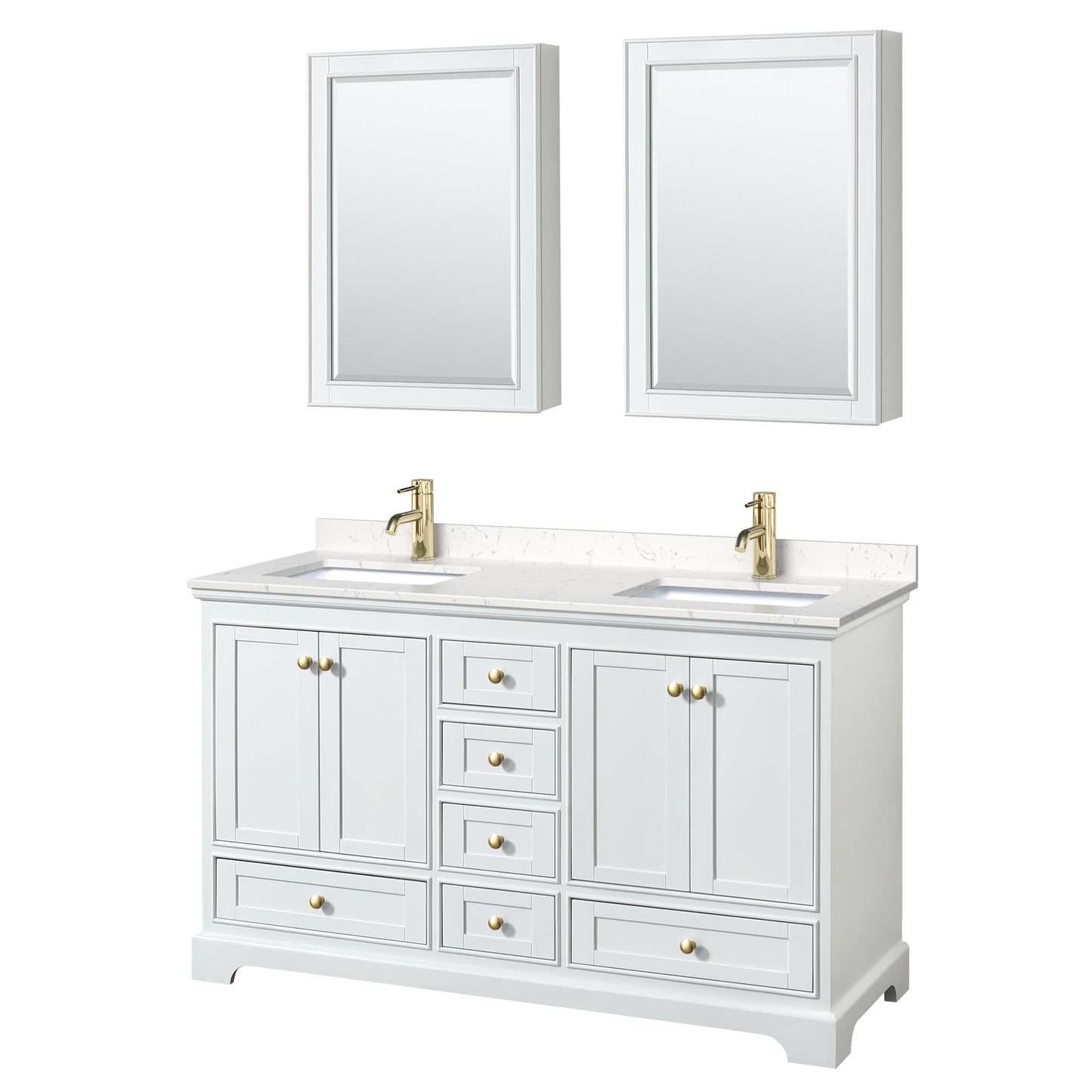 Wyndham Collection Deborah 60" Double Bathroom Vanity in White, Carrara Cultured Marble Countertop, Undermount Square Sinks, Brushed Gold Trim, Medicine Cabinet