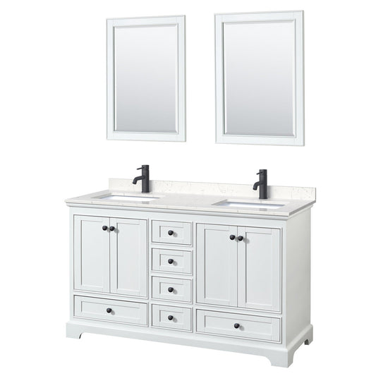 Wyndham Collection Deborah 60" Double Bathroom Vanity in White, Carrara Cultured Marble Countertop, Undermount Square Sinks, Matte Black Trim, 24" Mirrors