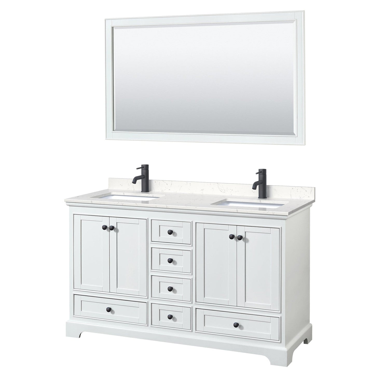 Wyndham Collection Deborah 60" Double Bathroom Vanity in White, Carrara Cultured Marble Countertop, Undermount Square Sinks, Matte Black Trim, 58" Mirror