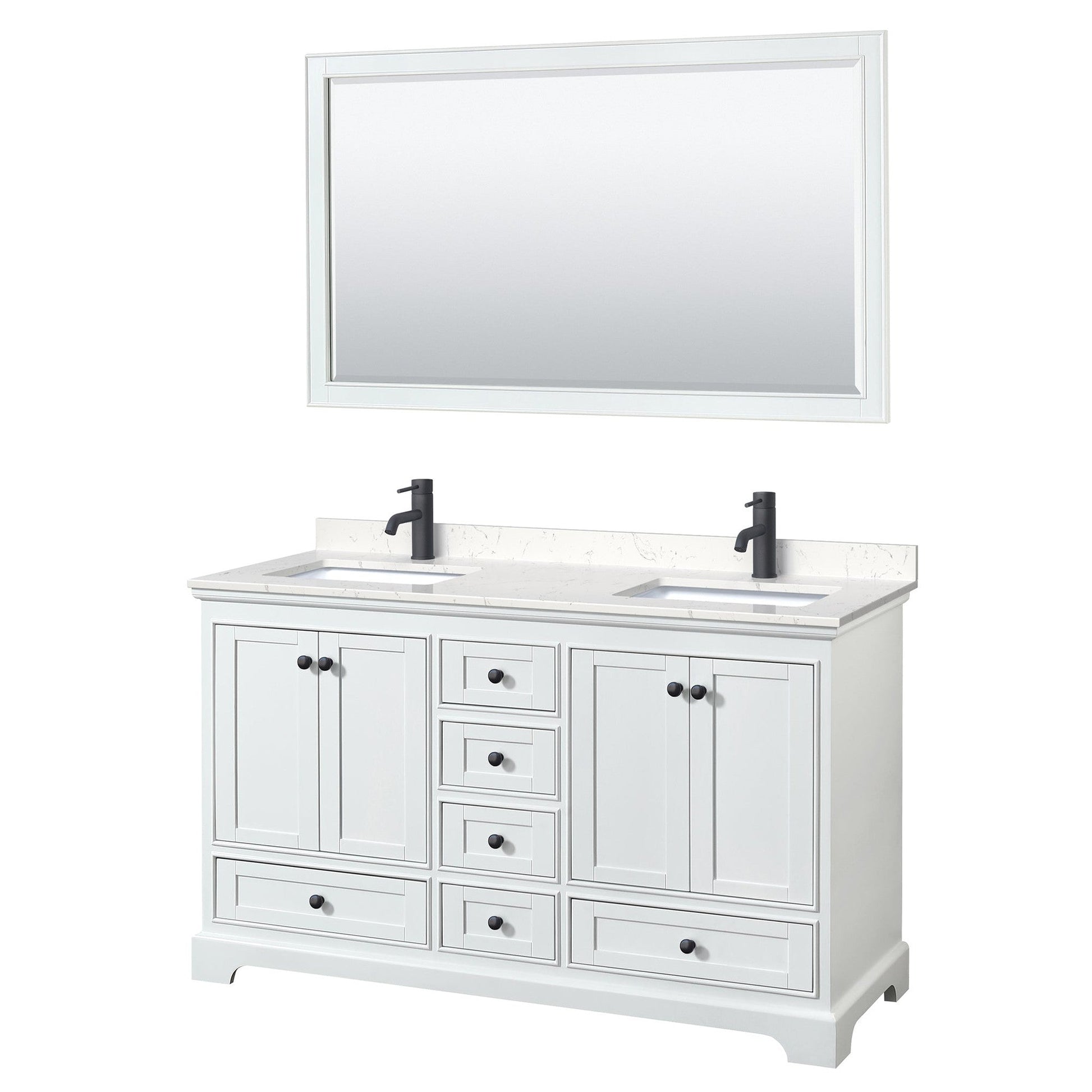 Wyndham Collection Deborah 60" Double Bathroom Vanity in White, Carrara Cultured Marble Countertop, Undermount Square Sinks, Matte Black Trim, 58" Mirror