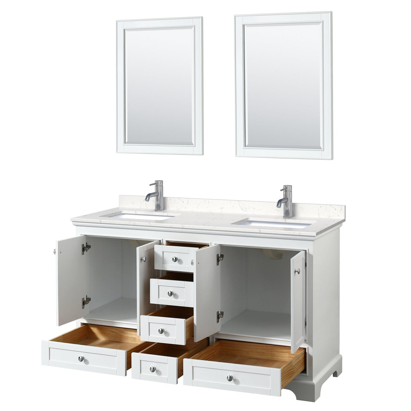 Wyndham Collection Deborah 60" Double Bathroom Vanity in White, Light-Vein Carrara Cultured Marble Countertop, Undermount Square Sinks, 24" Mirror