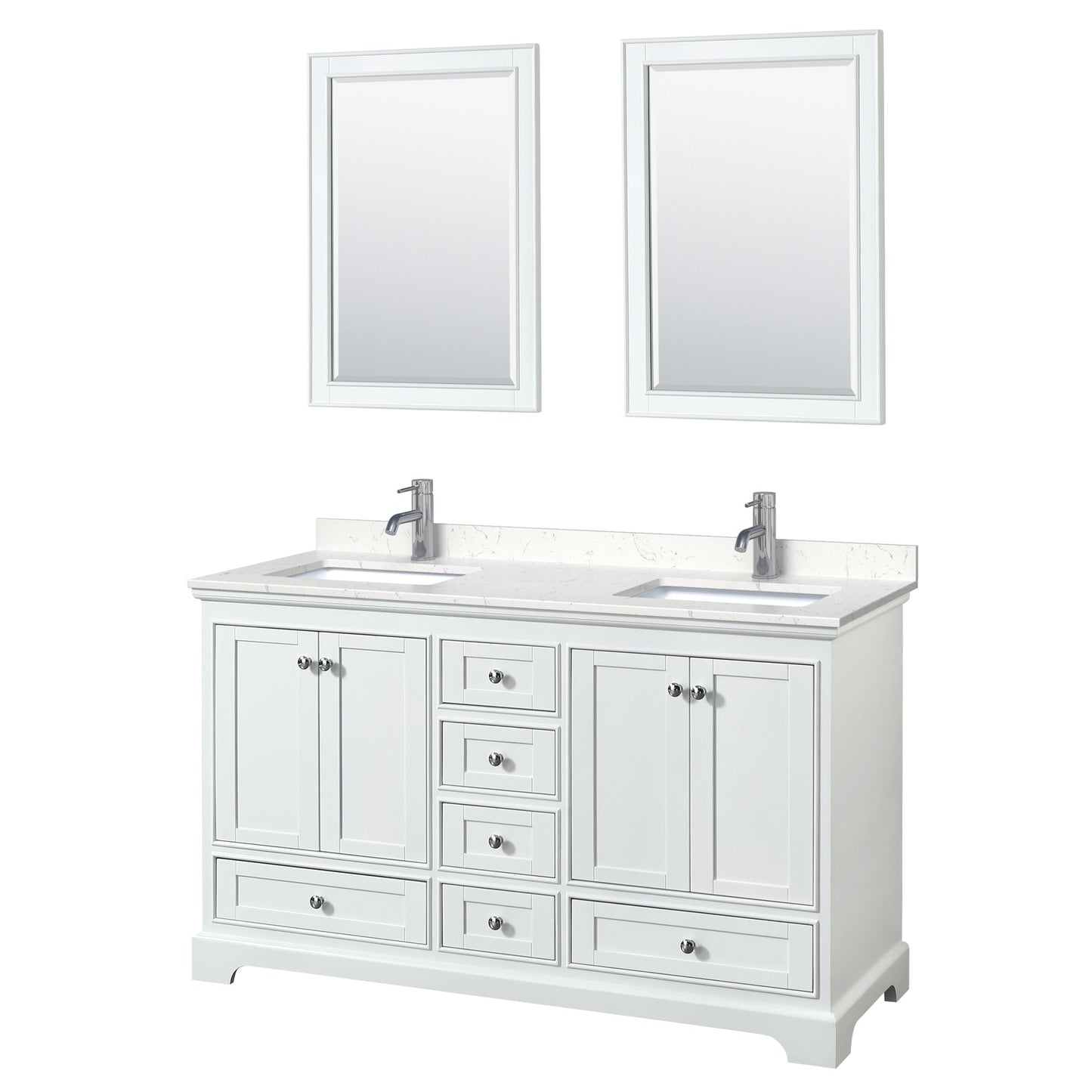 Wyndham Collection Deborah 60" Double Bathroom Vanity in White, Light-Vein Carrara Cultured Marble Countertop, Undermount Square Sinks, 24" Mirror