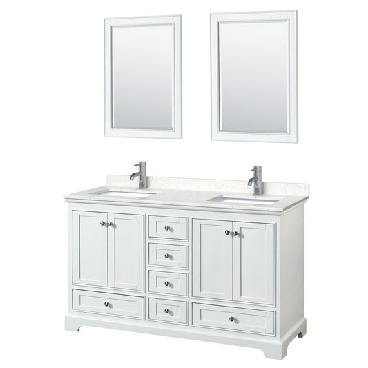 Wyndham Collection Deborah 60" Double Bathroom Vanity in White, Light-Vein Carrara Cultured Marble Countertop, Undermount Square Sinks, 24" Mirror