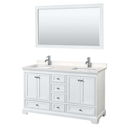 Wyndham Collection Deborah 60" Double Bathroom Vanity in White, Light-Vein Carrara Cultured Marble Countertop, Undermount Square Sinks, 58" Mirror