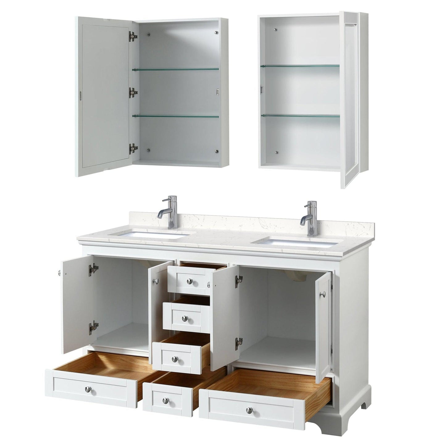 Wyndham Collection Deborah 60" Double Bathroom Vanity in White, Light-Vein Carrara Cultured Marble Countertop, Undermount Square Sinks, Medicine Cabinet