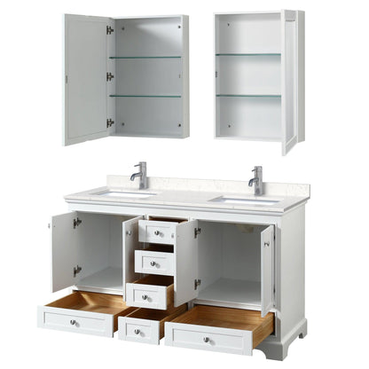 Wyndham Collection Deborah 60" Double Bathroom Vanity in White, Light-Vein Carrara Cultured Marble Countertop, Undermount Square Sinks, Medicine Cabinet