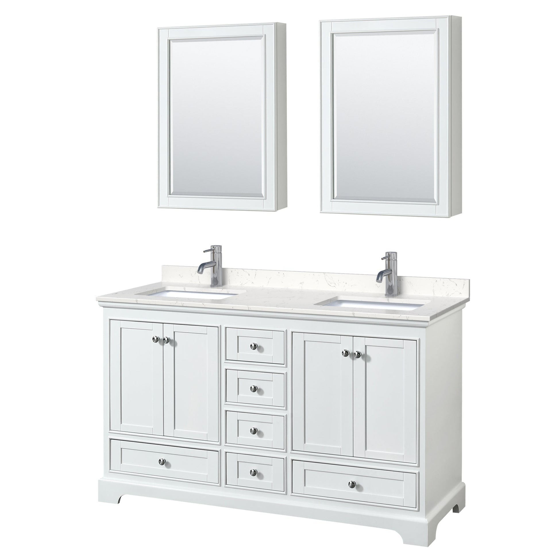 Wyndham Collection Deborah 60" Double Bathroom Vanity in White, Light-Vein Carrara Cultured Marble Countertop, Undermount Square Sinks, Medicine Cabinet