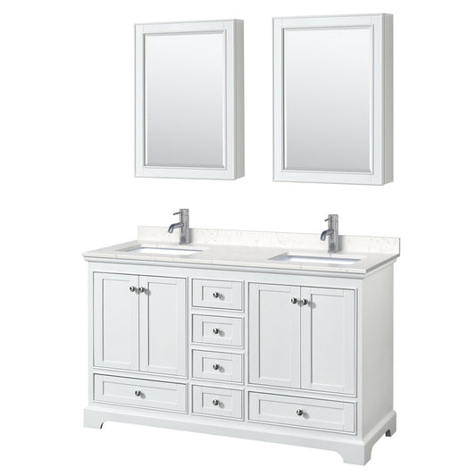 Wyndham Collection Deborah 60" Double Bathroom Vanity in White, Light-Vein Carrara Cultured Marble Countertop, Undermount Square Sinks, Medicine Cabinet