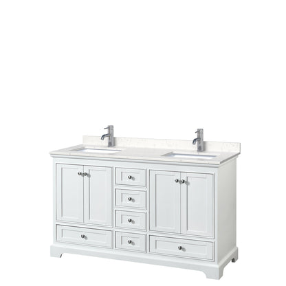 Wyndham Collection Deborah 60" Double Bathroom Vanity in White, Light-Vein Carrara Cultured Marble Countertop, Undermount Square Sinks, No Mirror