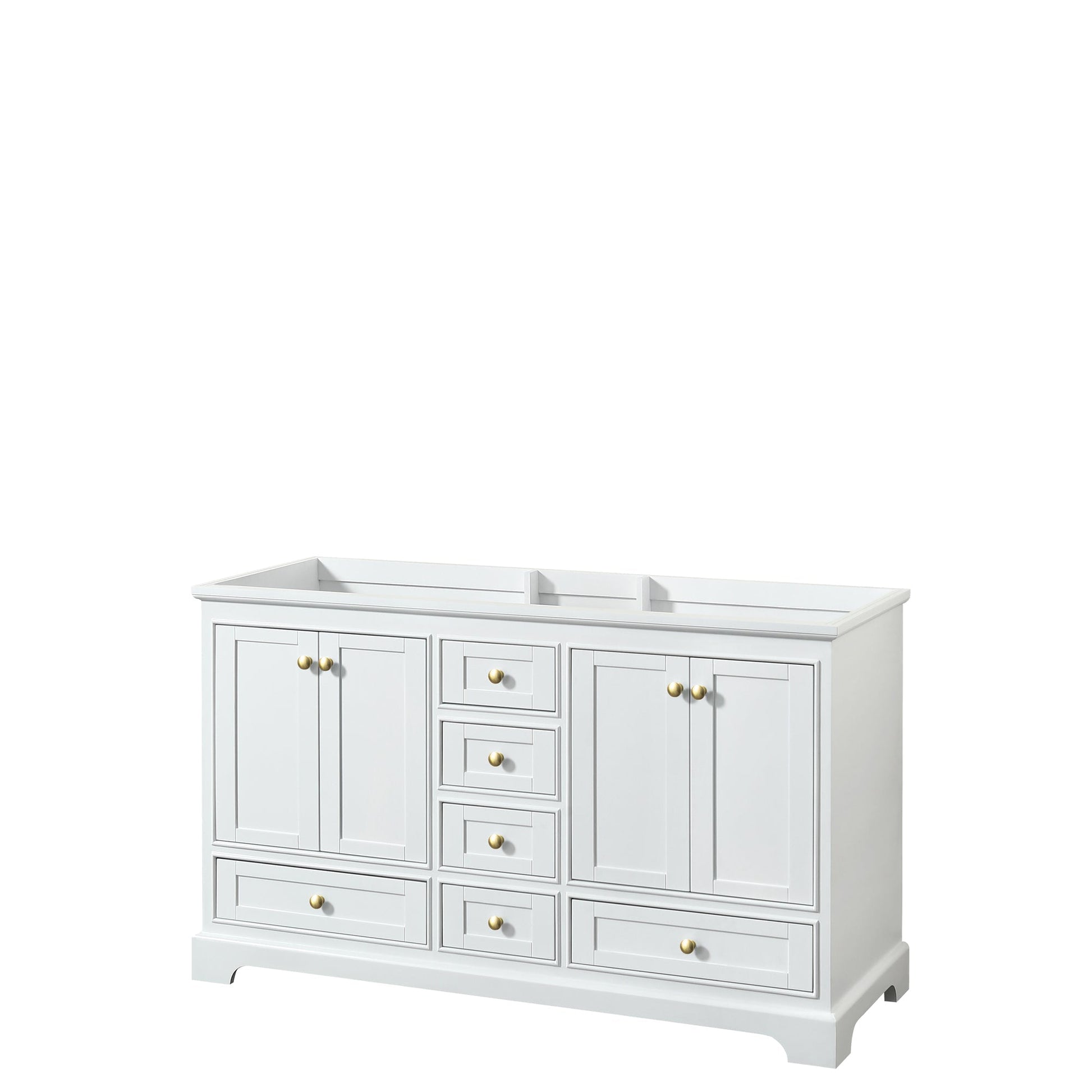 Wyndham Collection Deborah 60" Double Bathroom Vanity in White, No Countertop, No Sinks, Brushed Gold Trim, No Mirror