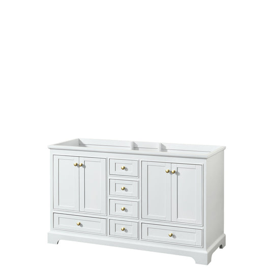 Wyndham Collection Deborah 60" Double Bathroom Vanity in White, No Countertop, No Sinks, Brushed Gold Trim, No Mirror