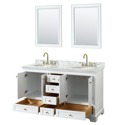 Wyndham Collection Deborah 60" Double Bathroom Vanity in White, White Carrara Marble Countertop, Undermount Oval Sinks, Brushed Gold Trim, 24" Mirror