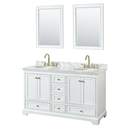Wyndham Collection Deborah 60" Double Bathroom Vanity in White, White Carrara Marble Countertop, Undermount Oval Sinks, Brushed Gold Trim, 24" Mirror