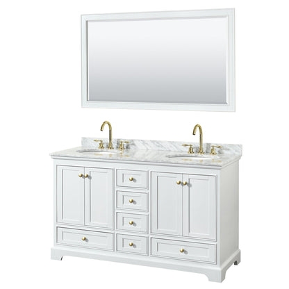 Wyndham Collection Deborah 60" Double Bathroom Vanity in White, White Carrara Marble Countertop, Undermount Oval Sinks, Brushed Gold Trim, 58" Mirror