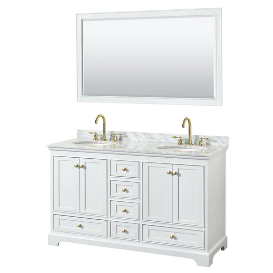 Wyndham Collection Deborah 60" Double Bathroom Vanity in White, White Carrara Marble Countertop, Undermount Oval Sinks, Brushed Gold Trim, 58" Mirror