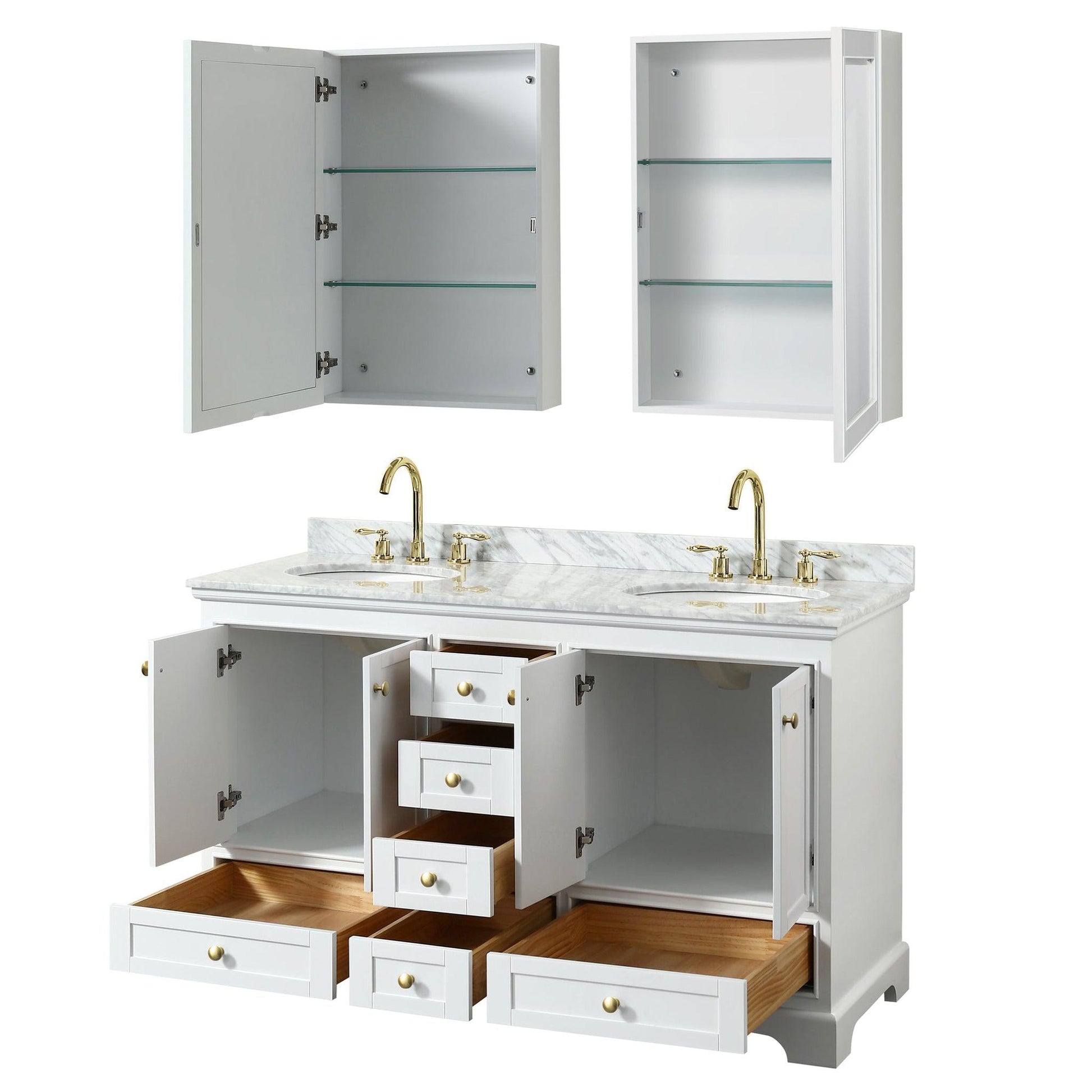 Wyndham Collection Deborah 60" Double Bathroom Vanity in White, White Carrara Marble Countertop, Undermount Oval Sinks, Brushed Gold Trim, Medicine Cabinet