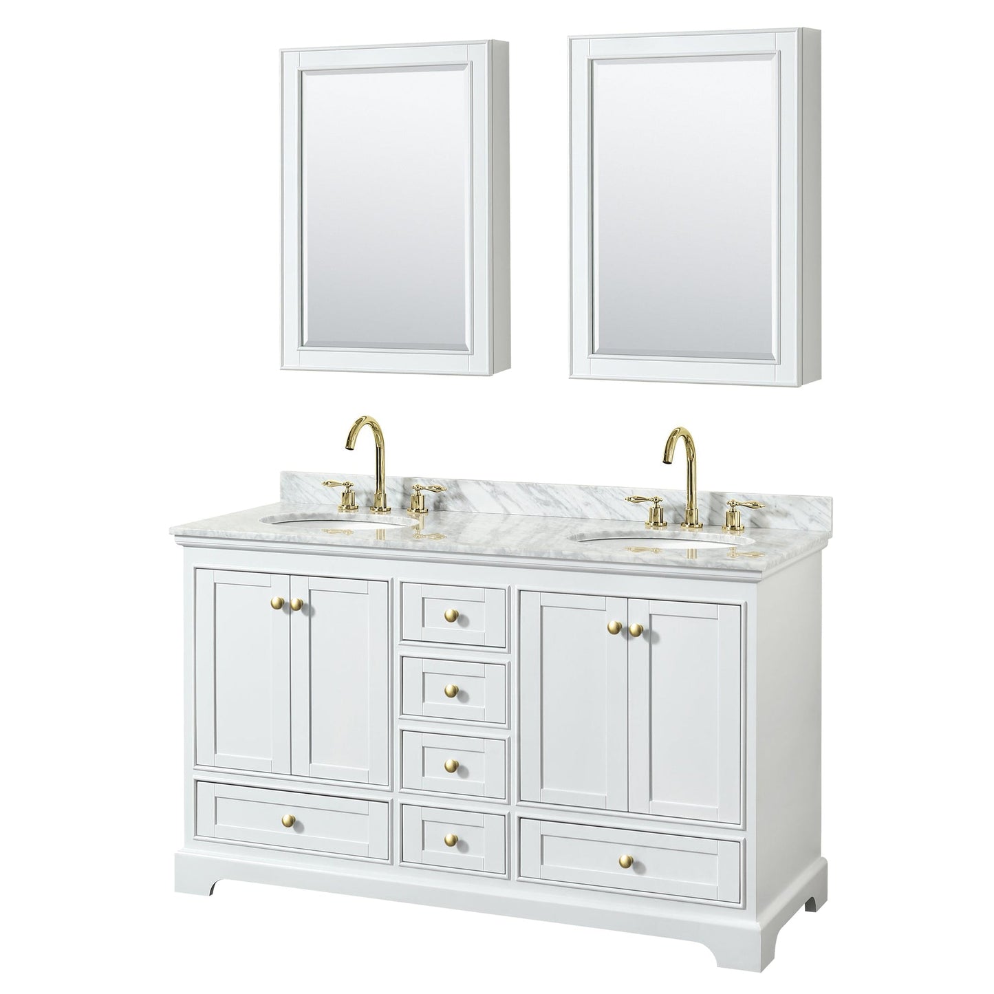 Wyndham Collection Deborah 60" Double Bathroom Vanity in White, White Carrara Marble Countertop, Undermount Oval Sinks, Brushed Gold Trim, Medicine Cabinet