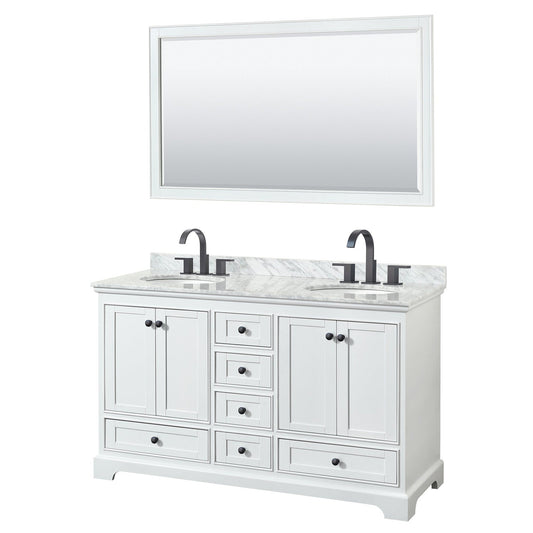 Wyndham Collection Deborah 60" Double Bathroom Vanity in White, White Carrara Marble Countertop, Undermount Oval Sinks, Matte Black Trim, 58" Mirror