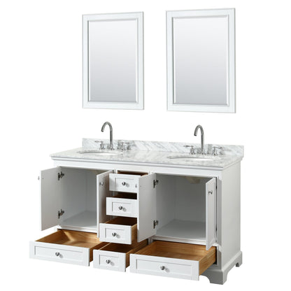 Wyndham Collection Deborah 60" Double Bathroom Vanity in White, White Carrara Marble Countertop, Undermount Oval Sinks, and 24" Mirror