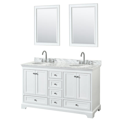 Wyndham Collection Deborah 60" Double Bathroom Vanity in White, White Carrara Marble Countertop, Undermount Oval Sinks, and 24" Mirror