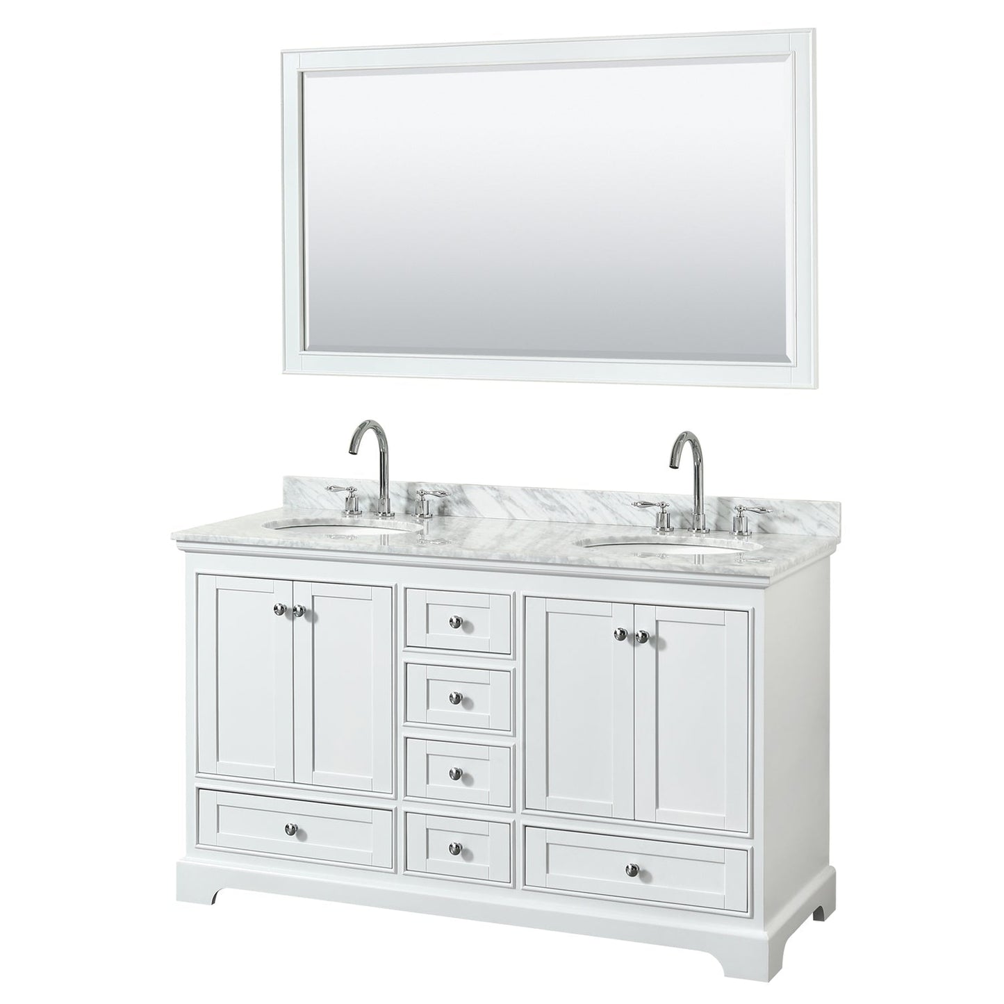 Wyndham Collection Deborah 60" Double Bathroom Vanity in White, White Carrara Marble Countertop, Undermount Oval Sinks, and 58" Mirror