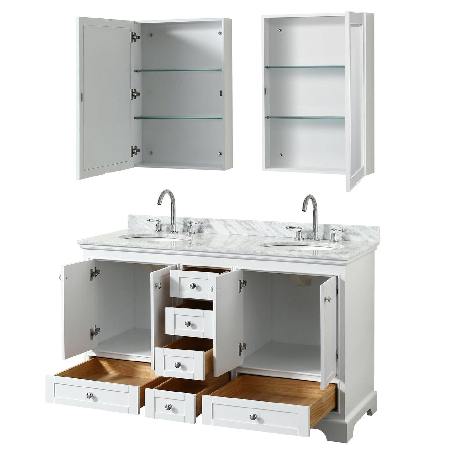 Wyndham Collection Deborah 60" Double Bathroom Vanity in White, White Carrara Marble Countertop, Undermount Oval Sinks, and Medicine Cabinet