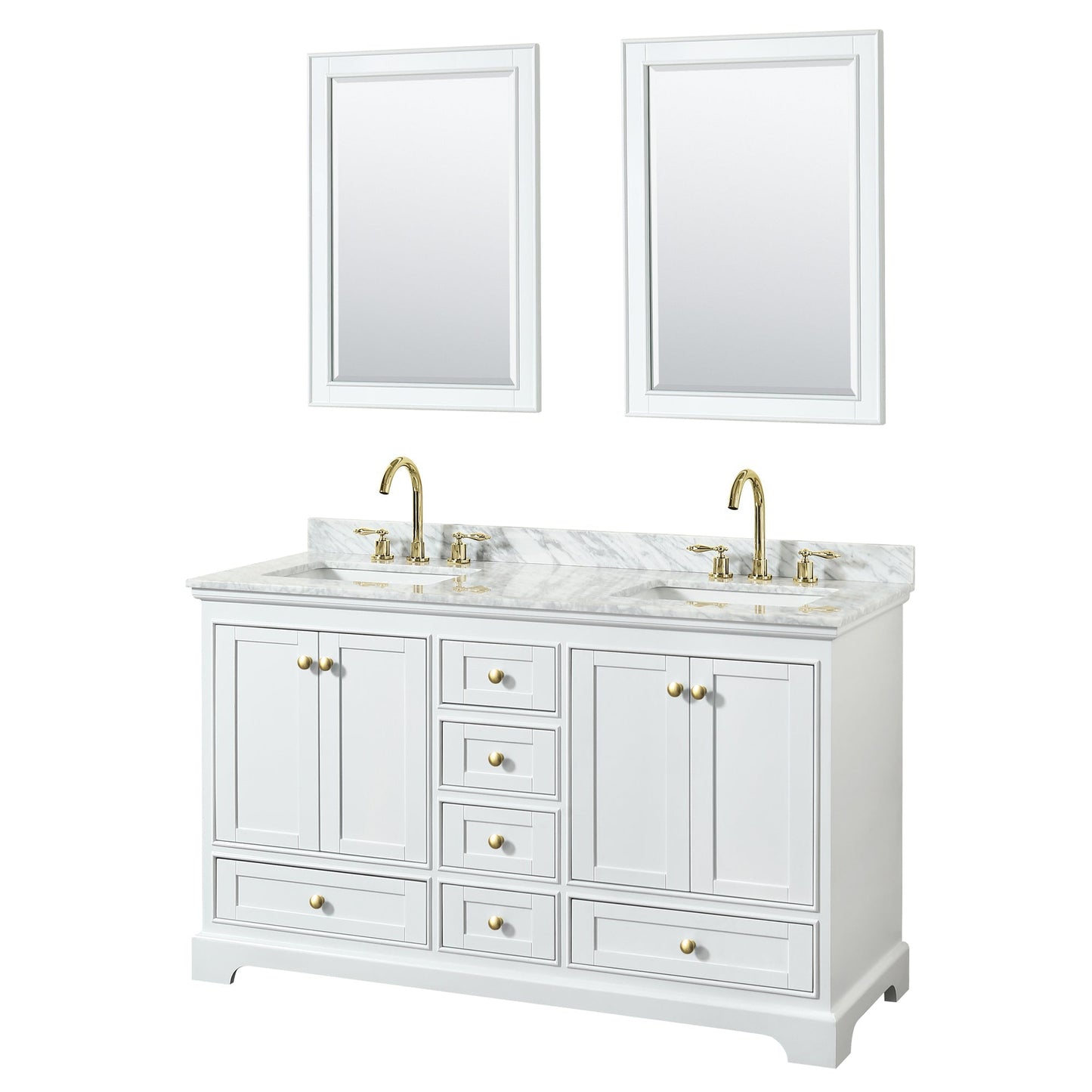 Wyndham Collection Deborah 60" Double Bathroom Vanity in White, White Carrara Marble Countertop, Undermount Square Sinks, Brushed Gold Trim, 24" Mirror