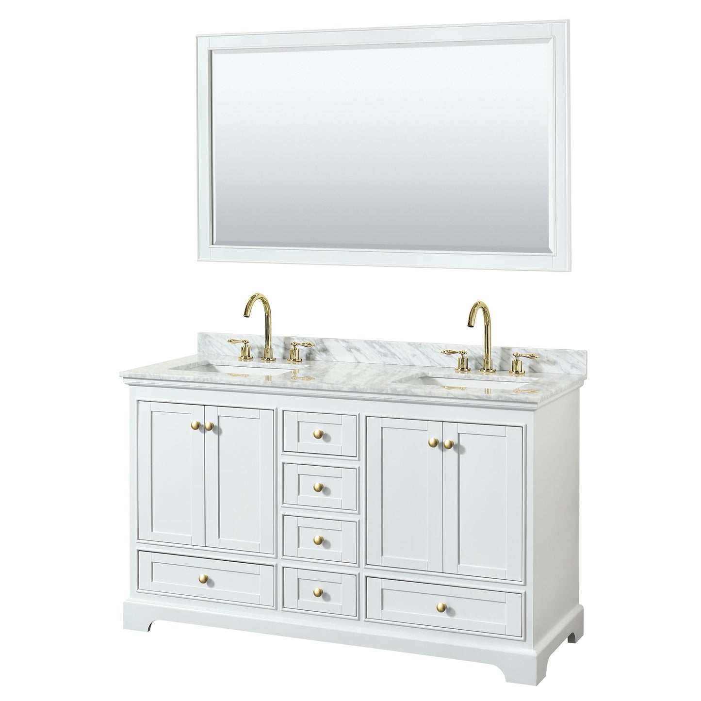 Wyndham Collection Deborah 60" Double Bathroom Vanity in White, White Carrara Marble Countertop, Undermount Square Sinks, Brushed Gold Trim, 58" Mirror