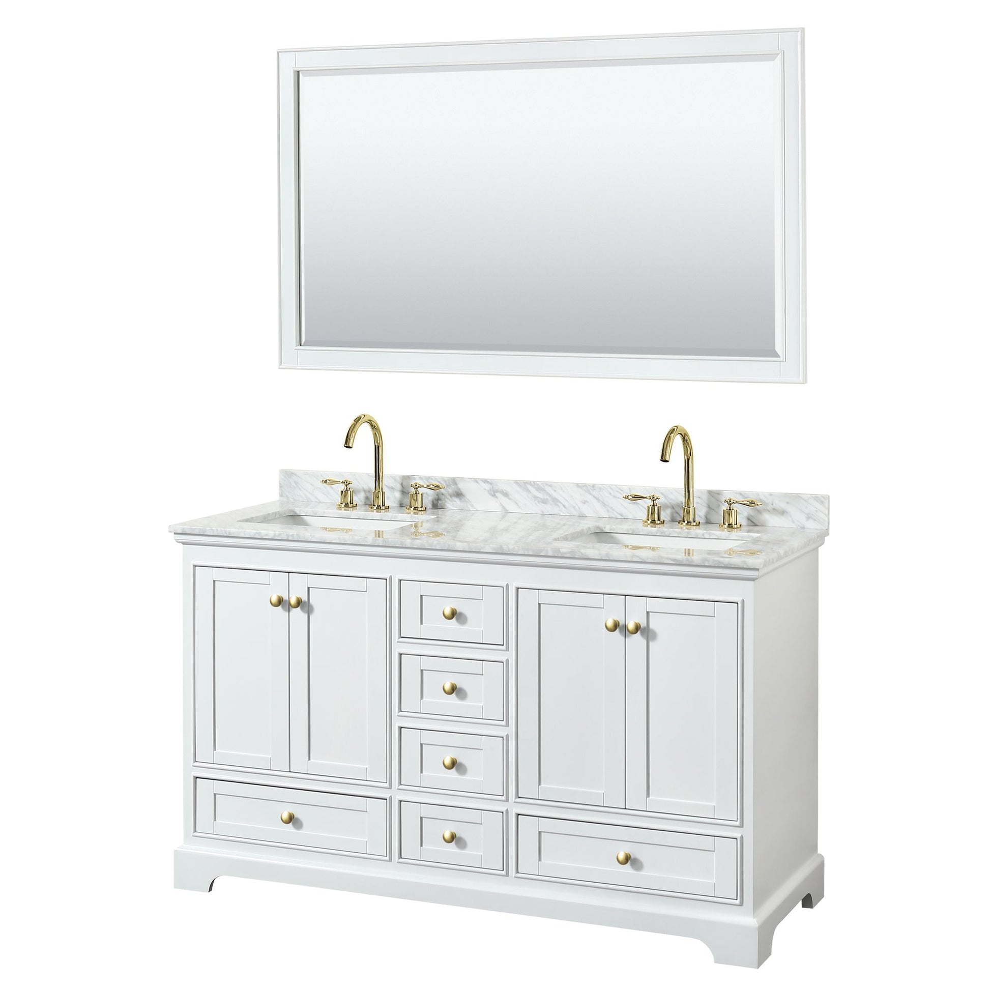 Wyndham Collection Deborah 60" Double Bathroom Vanity in White, White Carrara Marble Countertop, Undermount Square Sinks, Brushed Gold Trim, 58" Mirror