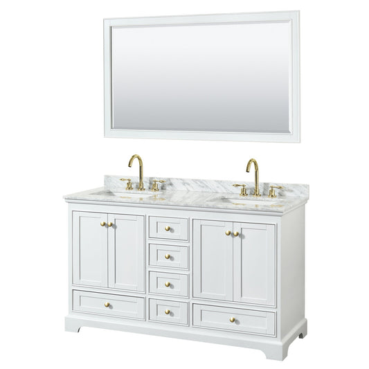 Wyndham Collection Deborah 60" Double Bathroom Vanity in White, White Carrara Marble Countertop, Undermount Square Sinks, Brushed Gold Trim, 58" Mirror