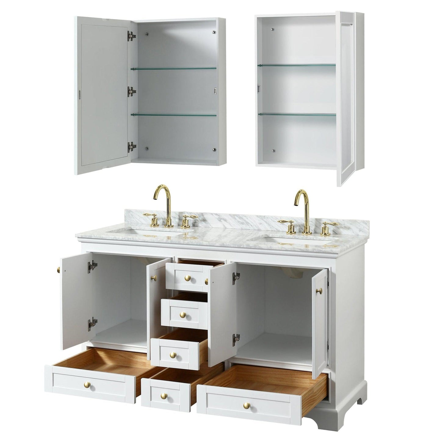 Wyndham Collection Deborah 60" Double Bathroom Vanity in White, White Carrara Marble Countertop, Undermount Square Sinks, Brushed Gold Trim, Medicine Cabinet