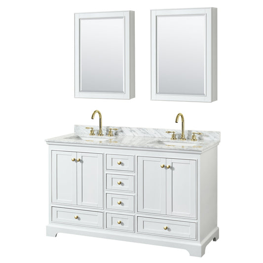 Wyndham Collection Deborah 60" Double Bathroom Vanity in White, White Carrara Marble Countertop, Undermount Square Sinks, Brushed Gold Trim, Medicine Cabinet