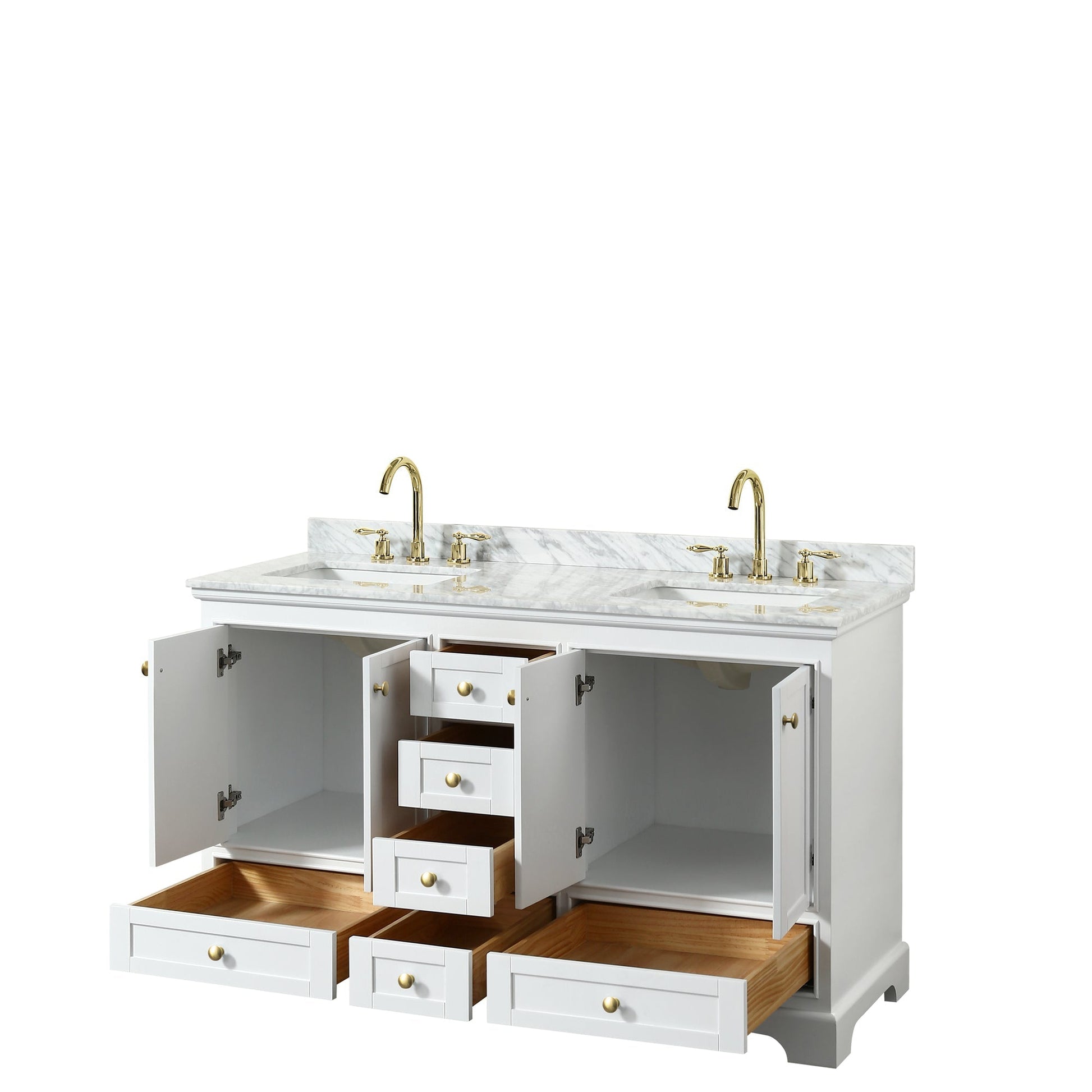 Wyndham Collection Deborah 60" Double Bathroom Vanity in White, White Carrara Marble Countertop, Undermount Square Sinks, Brushed Gold Trim, No Mirror