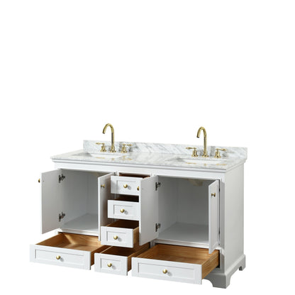 Wyndham Collection Deborah 60" Double Bathroom Vanity in White, White Carrara Marble Countertop, Undermount Square Sinks, Brushed Gold Trim, No Mirror
