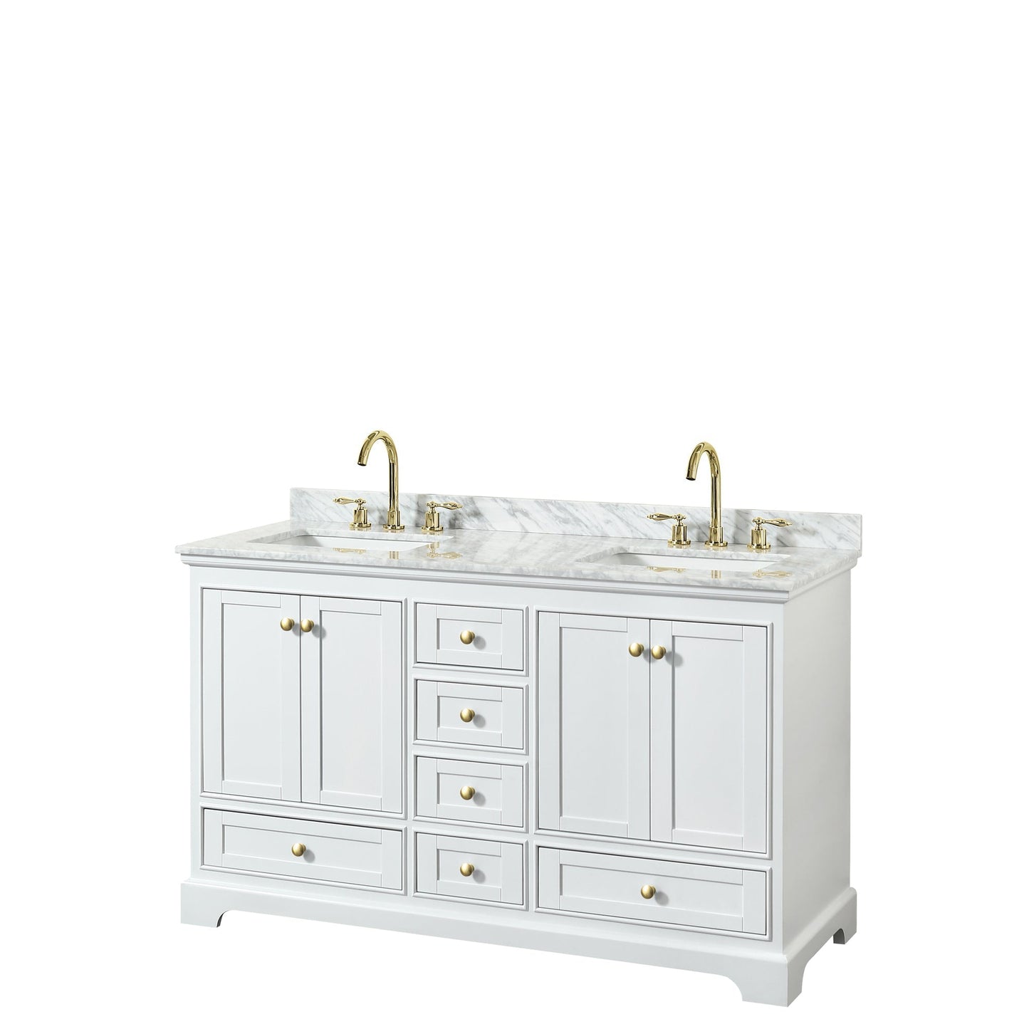 Wyndham Collection Deborah 60" Double Bathroom Vanity in White, White Carrara Marble Countertop, Undermount Square Sinks, Brushed Gold Trim, No Mirror