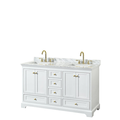 Wyndham Collection Deborah 60" Double Bathroom Vanity in White, White Carrara Marble Countertop, Undermount Square Sinks, Brushed Gold Trim, No Mirror