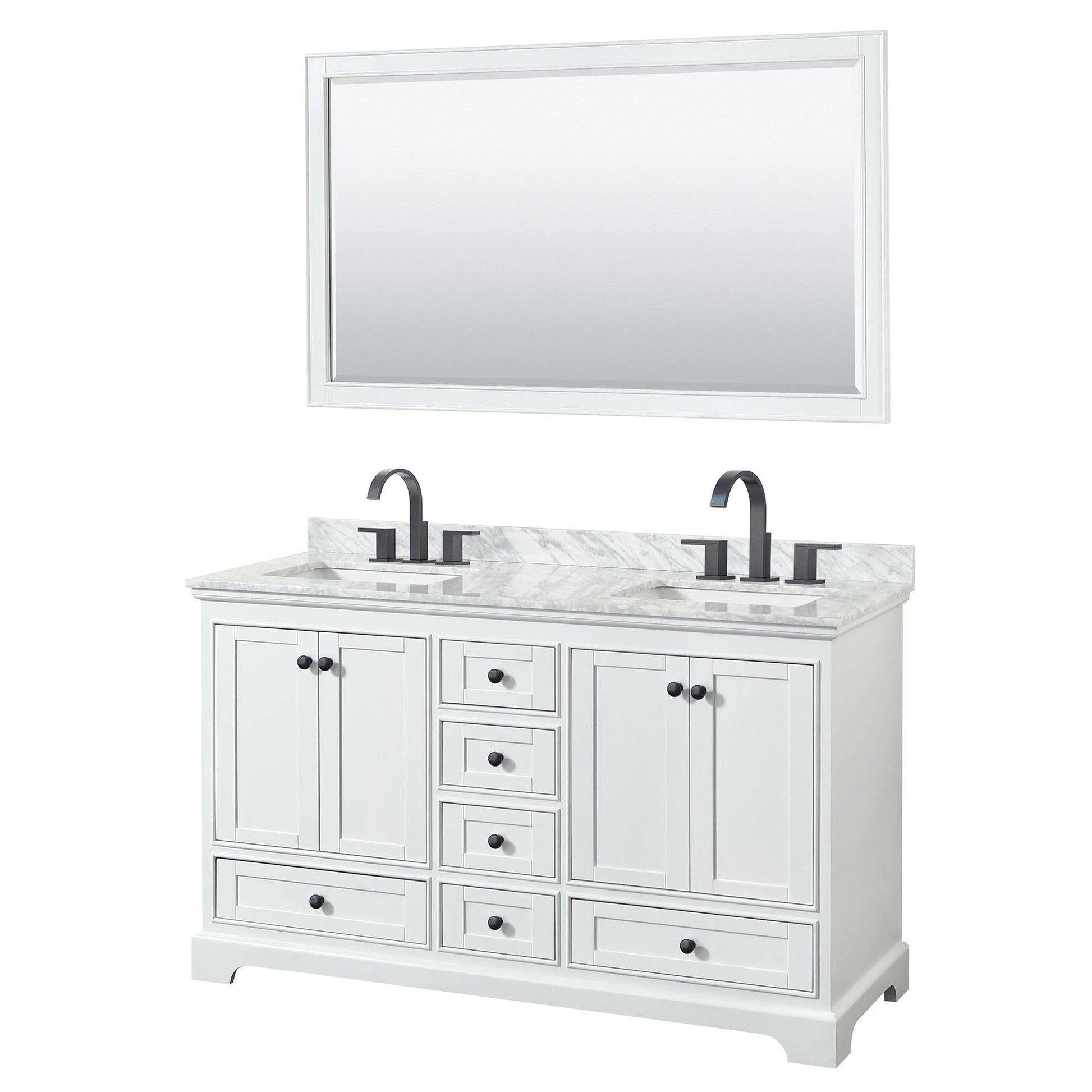 Wyndham Collection Deborah 60" Double Bathroom Vanity in White, White Carrara Marble Countertop, Undermount Square Sinks, Matte Black Trim, 58" Mirror
