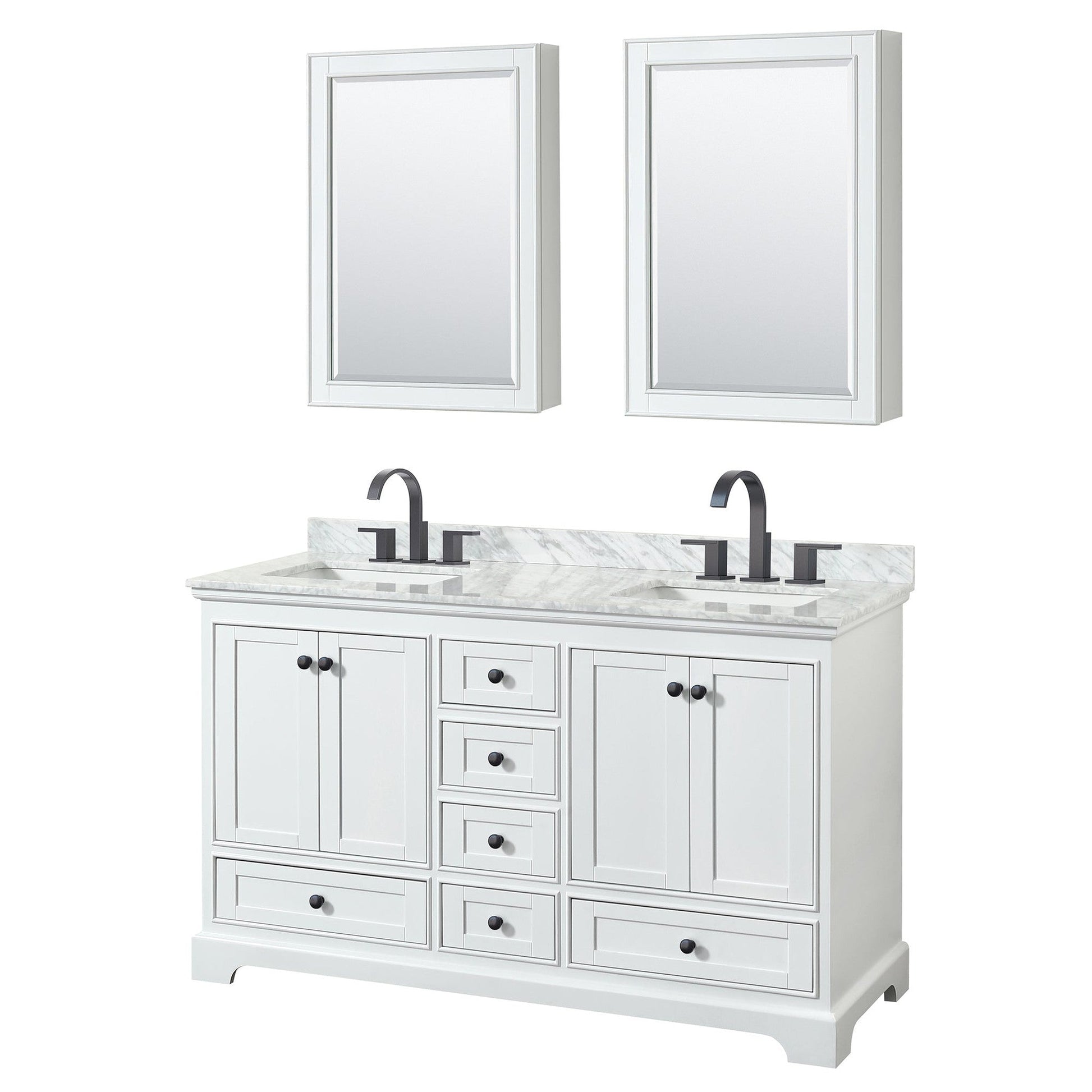Wyndham Collection Deborah 60" Double Bathroom Vanity in White, White Carrara Marble Countertop, Undermount Square Sinks, Matte Black Trim, Medicine Cabinets