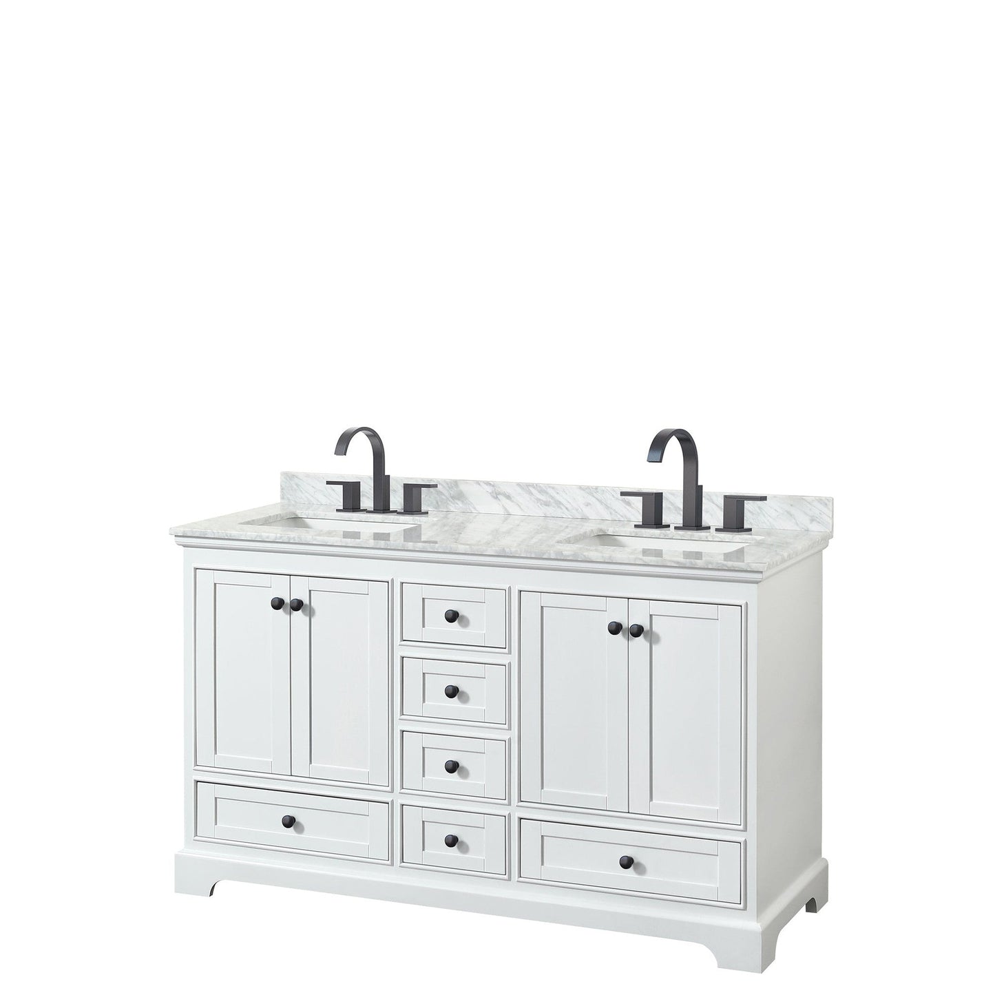 Wyndham Collection Deborah 60" Double Bathroom Vanity in White, White Carrara Marble Countertop, Undermount Square Sinks, Matte Black Trim