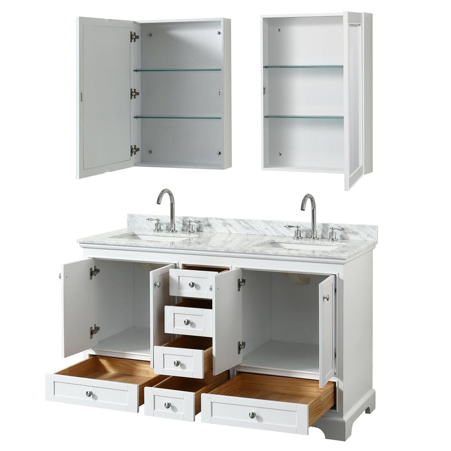Wyndham Collection Deborah 60" Double Bathroom Vanity in White, White Carrara Marble Countertop, Undermount Square Sinks, and Medicine Cabinet