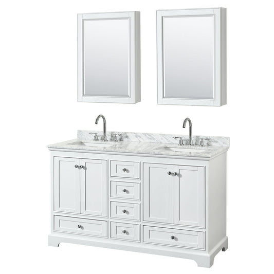 Wyndham Collection Deborah 60" Double Bathroom Vanity in White, White Carrara Marble Countertop, Undermount Square Sinks, and Medicine Cabinet