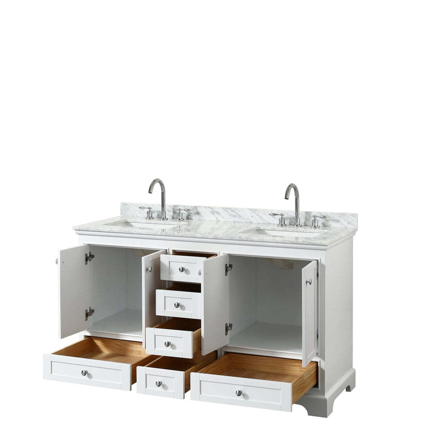 Wyndham Collection Deborah 60" Double Bathroom Vanity in White, White Carrara Marble Countertop, Undermount Square Sinks, and No Mirror
