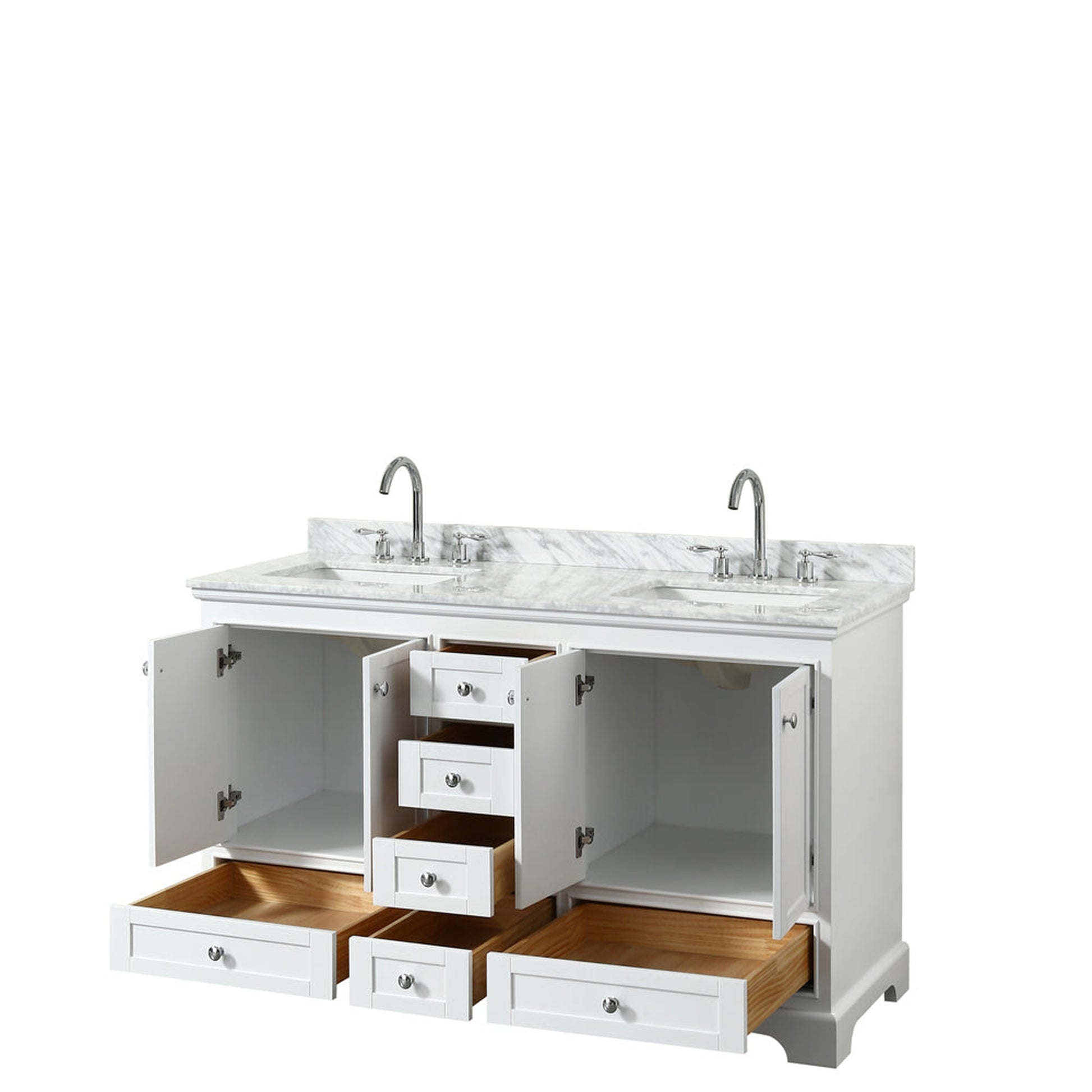 Wyndham Collection Deborah 60" Double Bathroom Vanity in White, White Carrara Marble Countertop, Undermount Square Sinks, and No Mirror