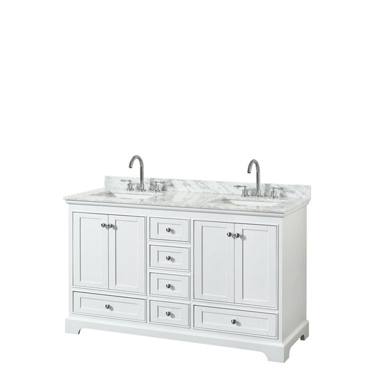 Wyndham Collection Deborah 60" Double Bathroom Vanity in White, White Carrara Marble Countertop, Undermount Square Sinks, and No Mirror