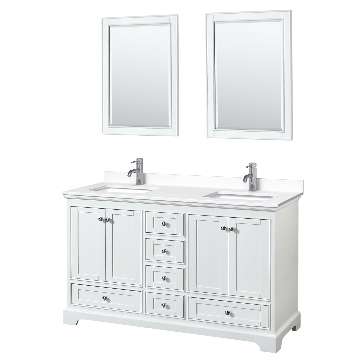 Wyndham Collection Deborah 60" Double Bathroom Vanity in White, White Cultured Marble Countertop, Undermount Square Sinks, 24" Mirror
