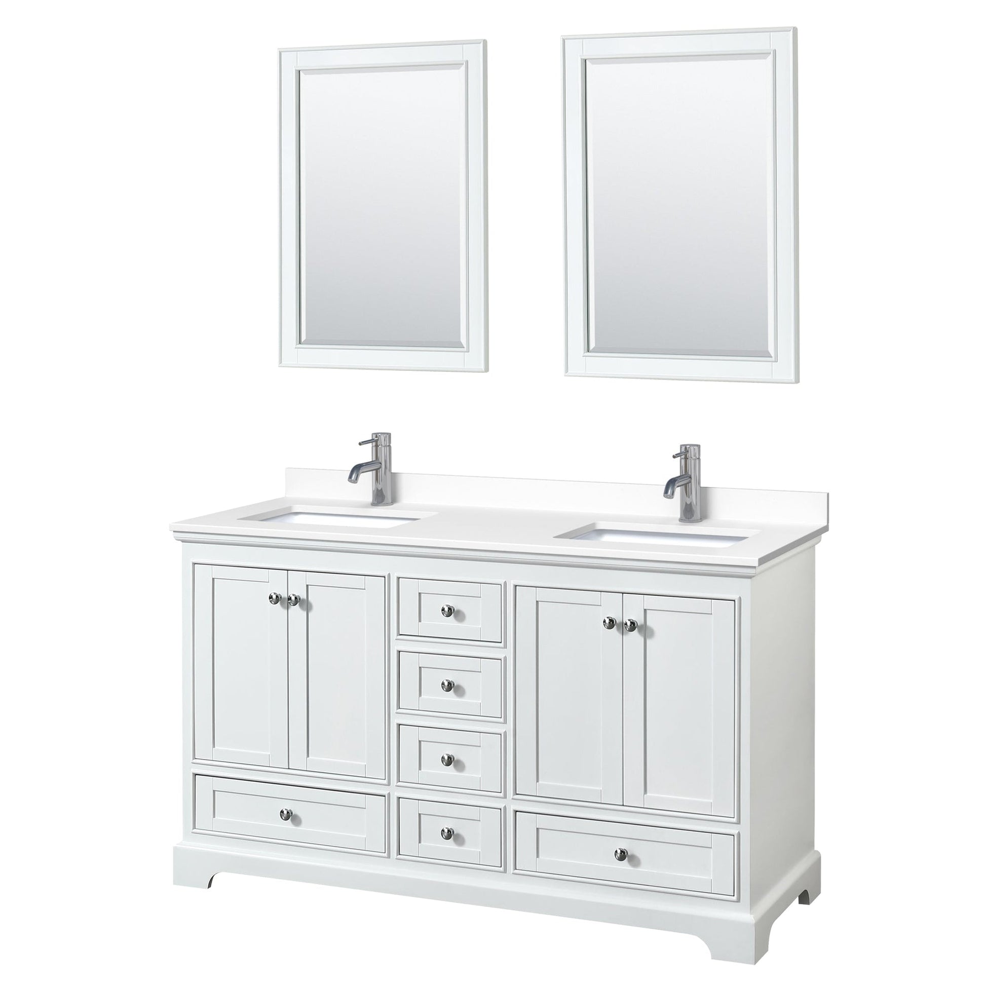 Wyndham Collection Deborah 60" Double Bathroom Vanity in White, White Cultured Marble Countertop, Undermount Square Sinks, 24" Mirror