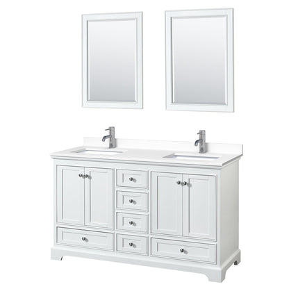Wyndham Collection Deborah 60" Double Bathroom Vanity in White, White Cultured Marble Countertop, Undermount Square Sinks, 24" Mirror