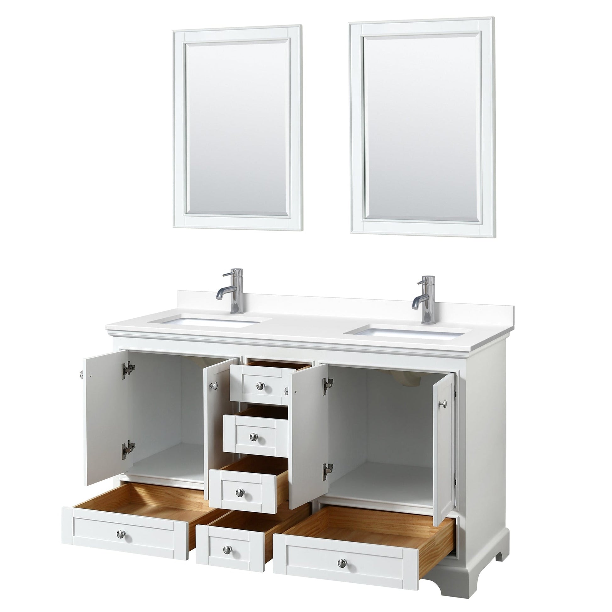 Wyndham Collection Deborah 60" Double Bathroom Vanity in White, White Cultured Marble Countertop, Undermount Square Sinks, 24" Mirror