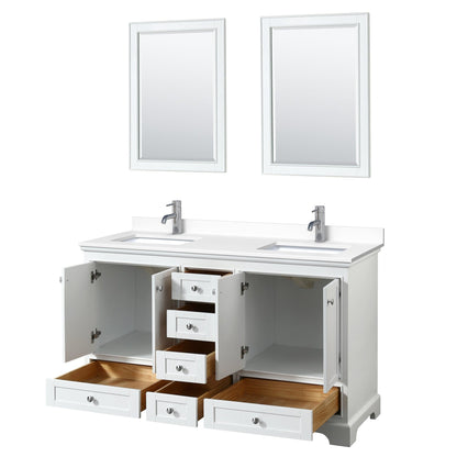 Wyndham Collection Deborah 60" Double Bathroom Vanity in White, White Cultured Marble Countertop, Undermount Square Sinks, 24" Mirror